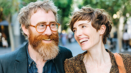 A close-up portrait of a happy middle-aged couple. The man with a red beard and woman with short hair share a loving glance. Ideal for relationship, lifestyle, or dating content.