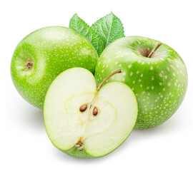 Ripe green apples and half of apple on white background. File contains clipping paths.