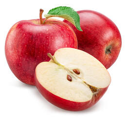 Ripe red apples and half of apple on white background. File contains clipping paths.