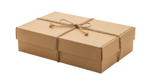 Cardboard gift box tied with twine, isolated on transparent background