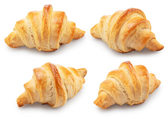 Collection of four baked croissants on a white background. File contains clipping paths.