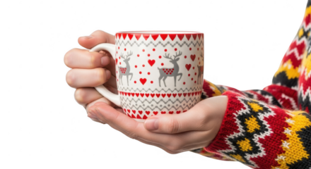 Christmas mug with deer pattern isolated on transparent background