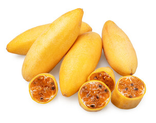 Curubas or banana passion fruits and fruit slices showing the juicy pulp and black seeds on white background. File contains clipping path.