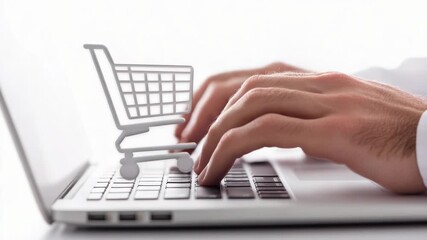 Video A person working on their laptop with a shopping cart icon on the keyboard, suitable for use in digital marketing or e-commerce related projects - Powered by Adobe