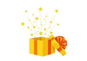 Yellow gift box with orange ribbon and exploding stars, isolated on transparent background