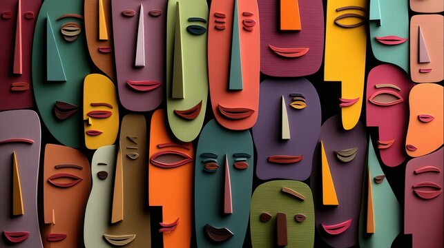 A collage of colorful, abstract faces with a textured finish. This modern artwork evokes community, diversity, and emotion. Perfect for creative backgrounds, posters, or web design.