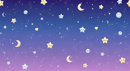 Fototapeta premium Whimsical Night Sky Illustration Filled with Cute Stars Crescent Moons and Hearts