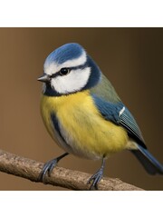 Fototapeta premium The image shows a Eurasian Blue Tit (Cyanistes caeruleus), a small, vibrant songbird known for its bright blue and yellow plumage. Common across Europe and parts of Asia