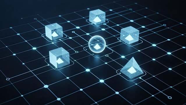 Modern blockchain network visualization with glowing nodes and geometric shapes, showcasing innovative technology and secure data connections for cutting-edge applications - Powered by Adobe