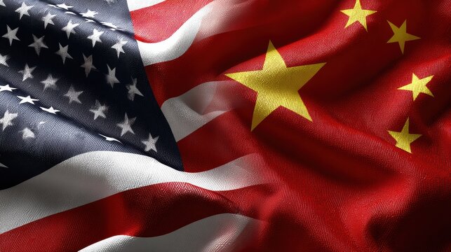 Economic Tension Symbolized by US and China Flags Over Modern Cityscape Highlighting Trade Conflict