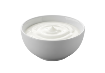 Pristine, glossy white ceramic bowl filled with creamy white sauce with a delicate swirl, centrally placed against a solid transparent background, highlighting purity and texture. Culinary appeal