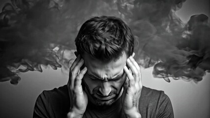Stressed Man with Smoke Cloud: Mental Health Concept