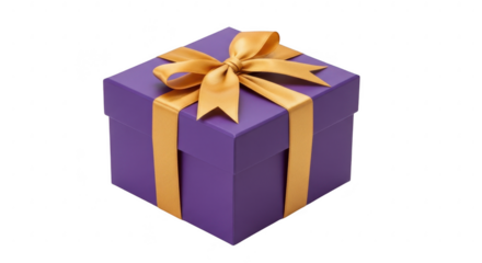 Purple gift box with golden ribbon isolated on transparent background