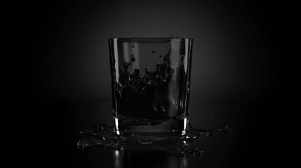 A glass with splashing liquid against a dark background, showcasing dynamic motion and contrast. Ideal for drink-related visuals or product advertisements.