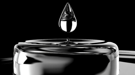 Close-up of a water drop poised over a shiny surface, showcasing droplets and reflections against a dark background. Ideal for concepts of purity, beauty, or tech or backgrounds.