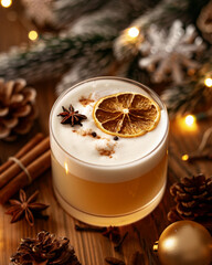 Festive cocktail featuring a dried orange slice, star anise, and cinnamon on a wooden surface, surrounded by pine cones and holiday decorations.