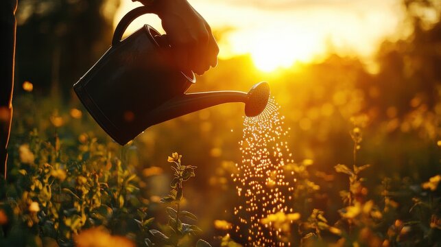 hand and watering can silhouetted in golden hour light