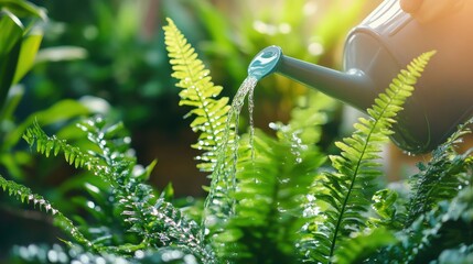 hand watering ferns in modern home 