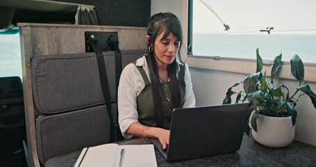 Freelancer, laptop and email with woman in caravan for digital nomad, travel blog and research. Remote worker, holiday journey review and camper guide with person and tech in vehicle for transport