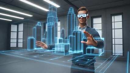 Architect wearing VR headset interacting with holographic smart city model, futuristic urban planning and augmented reality technology concept. - Powered by Adobe