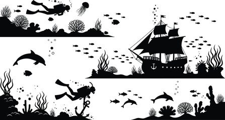 Underwater silhouette set featuring scuba divers, dolphins, coral reefs, and a sunken pirate ship, illustrating ocean adventure and marine life vectors.