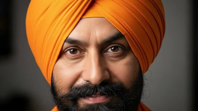 Expressive man in orange turban displaying dynamic facial expressions and subtle eye movements