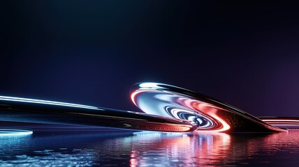 Luminous metal forms bend and reflect light on a textured surface in this abstract artwork