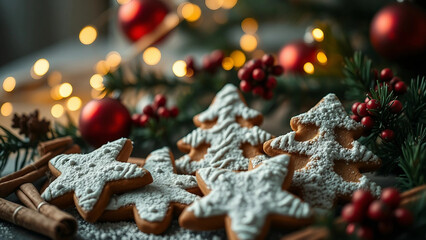 Decorative Christmas cookies arranged with ornaments and festive greenery. A cozy holiday atmosphere with lights enhancing the setting.