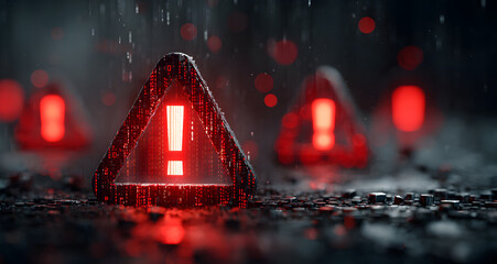 Cybersecurity warning alert with red exclamation triangles and binary code on a digital blur background showing hacked internet system concept sketch.. 3D Rendering