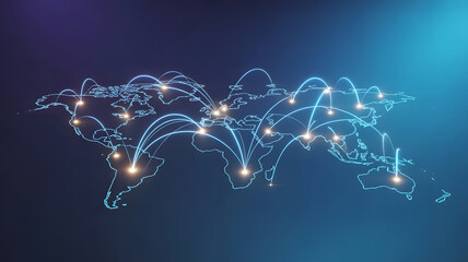 Global Communication Network Connection World Map with Futuristic Technology System and Worldwide Data Transmission of Digital Information across Continents in Blue Tones