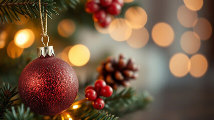 Close-up of a red Christmas ornament hanging on a tree, surrounded by festive decorations, with blurred lights in the background. Christmas and New Year background