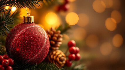Close-up of a red Christmas ornament on a pine tree, featuring pine cones and festive bokeh lights in the background. Perfect for holiday themes. Christmas and New Year background