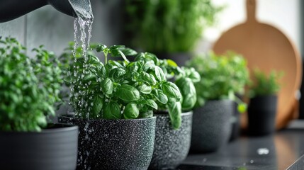 mature hand watering herbs on kitchen counter