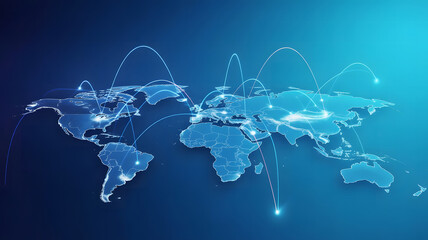Modern Global Networking Connection with Worldwide Coverage and International Online Digital Connection and Data Transmission in Flat World Map with Blue Background