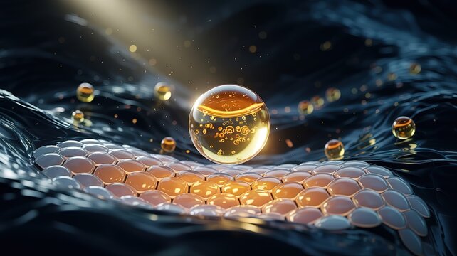 Golden fluid sphere hovers over honeycomb structure with glossy dark flow background and particle effects