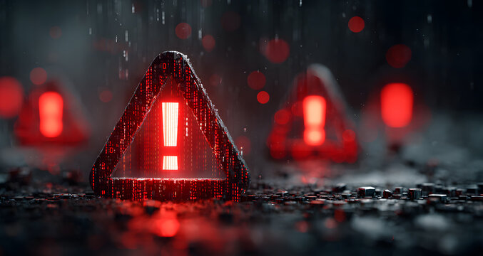 Cybersecurity warning alert with red exclamation triangles and binary code on a digital blur background showing hacked internet system concept sketch.. 3D Rendering