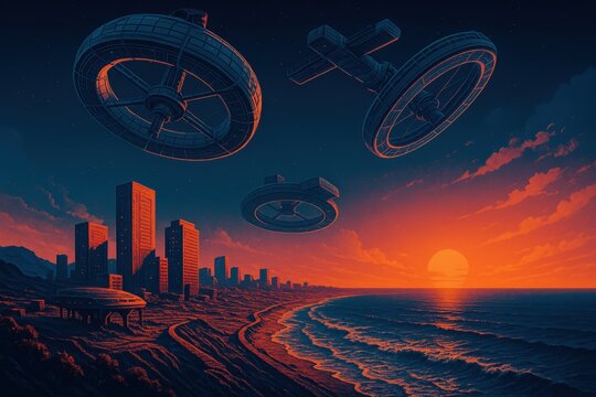 Futuristic cityscape under a surreal cosmic sky with hovering spacecraft and a striking sunset illuminating the coastal landscape in vibrant hues of orange and blue radiating wonder