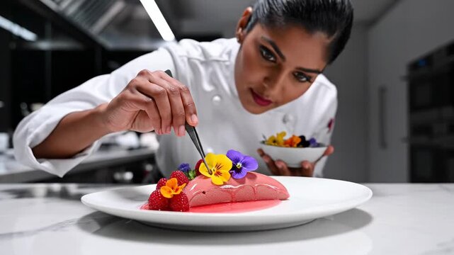 Professional chef garnishing exquisite gourmet dessert with edible flowers and fresh berries