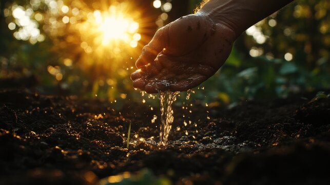 morning light, human hand pouring water on soil 
