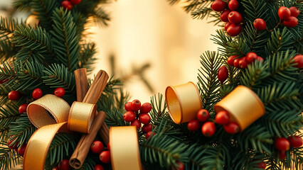 Beautiful Christmas wreath with red berries, golden ribbon, and cinnamon sticks against a soft, warm background, perfect for festive decorations and holiday themes.