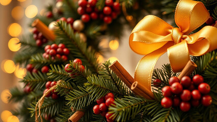Festive Christmas wreath adorned with red berries, cinnamon sticks, and a golden bow, with soft bokeh lights in the background creating a warm holiday atmosphere.