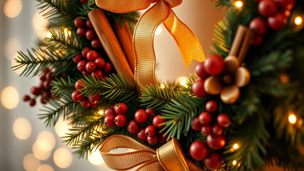 A beautifully decorated Christmas wreath featuring red berries and a golden ribbon, perfect for holiday decor and seasonal celebrations. New Year and Christmas background