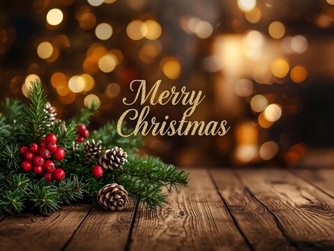 Rustic christmas decor with merry christmas text and warm bokeh