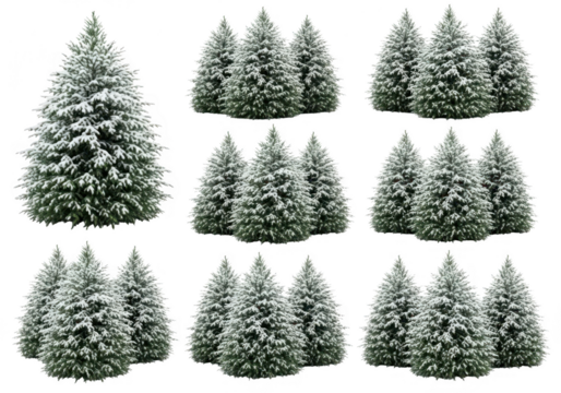 Collection of snow-covered evergreen trees isolated on transparent background - Powered by Adobe