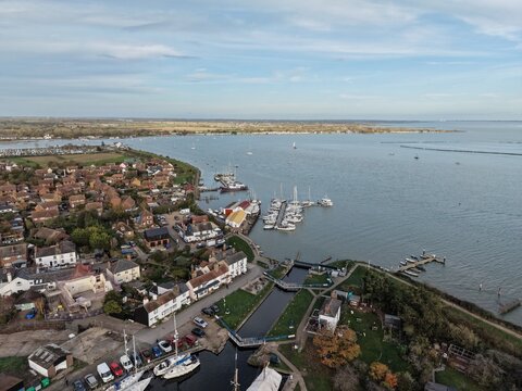 Haybridge Basin Essex  UK drone,aerial  boats moored in canal