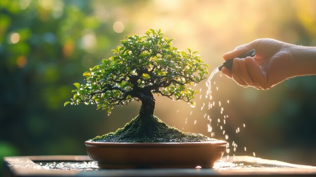 soft sunlight on hand watering bonsai tree, indoor scene