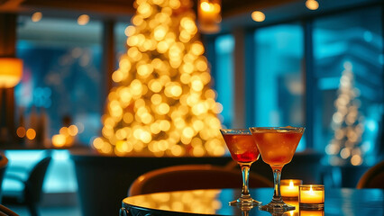 A festive holiday scene featuring two cocktails on a table, with a beautifully lit Christmas tree in the background, creating a warm and inviting atmosphere.