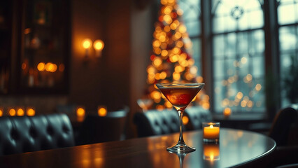 Elegant cocktail glass on a bar table, softly lit by candlelight. A beautifully decorated Christmas tree is visible in the background, creating a festive atmosphere. New Year and Christmas dinner