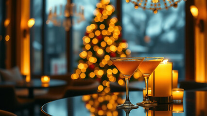 Elegant holiday scene featuring cocktails, warm ambiance, and a decorated Christmas tree, creating a festive mood in a cozy setting. New Year and Christmas party
