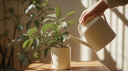 watering plant with eco-friendly plastic can, hand visible